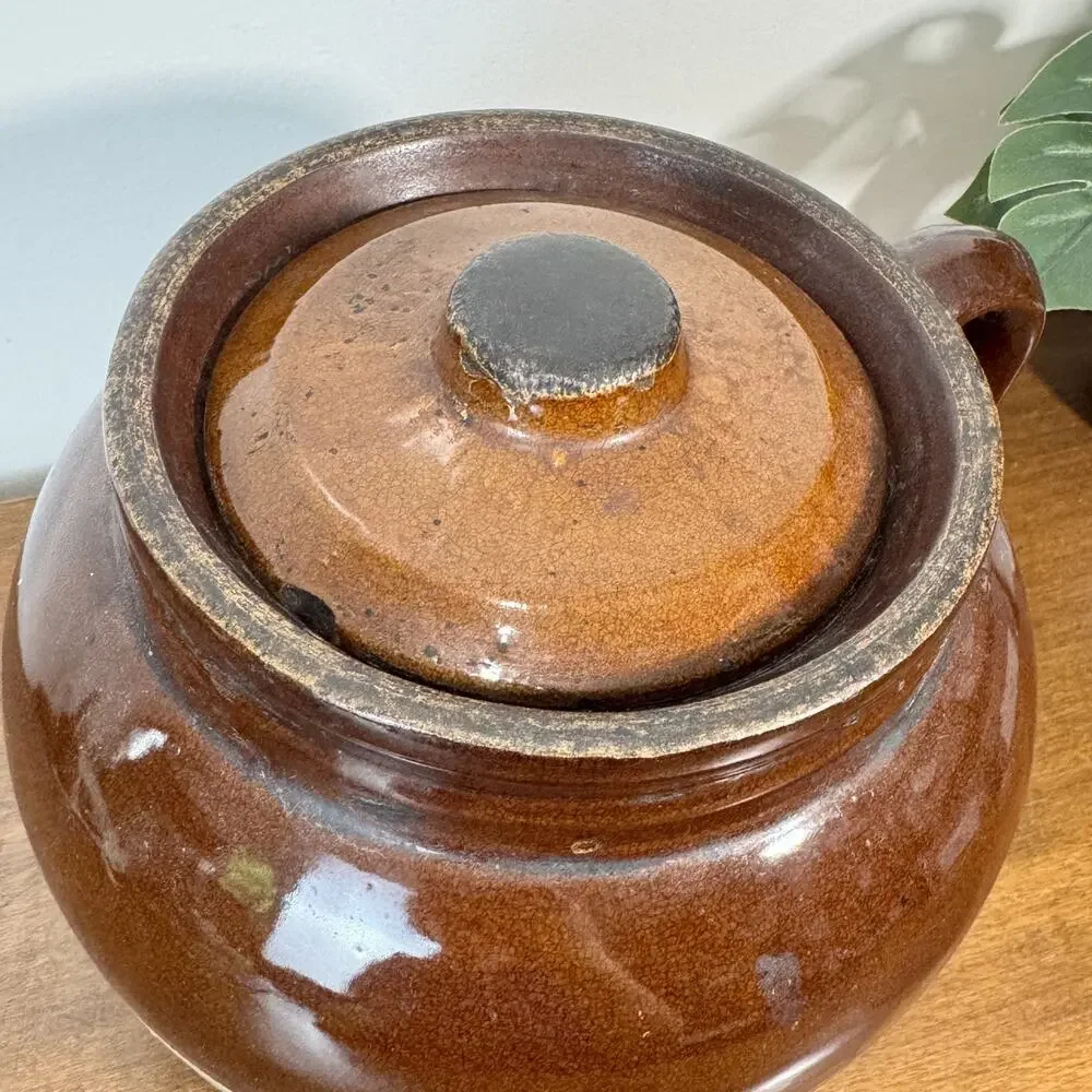 Vintage Bristol Pottery 3 Qt Brown Stoneware Bean Pot Crock w/ Lid Crown Mark